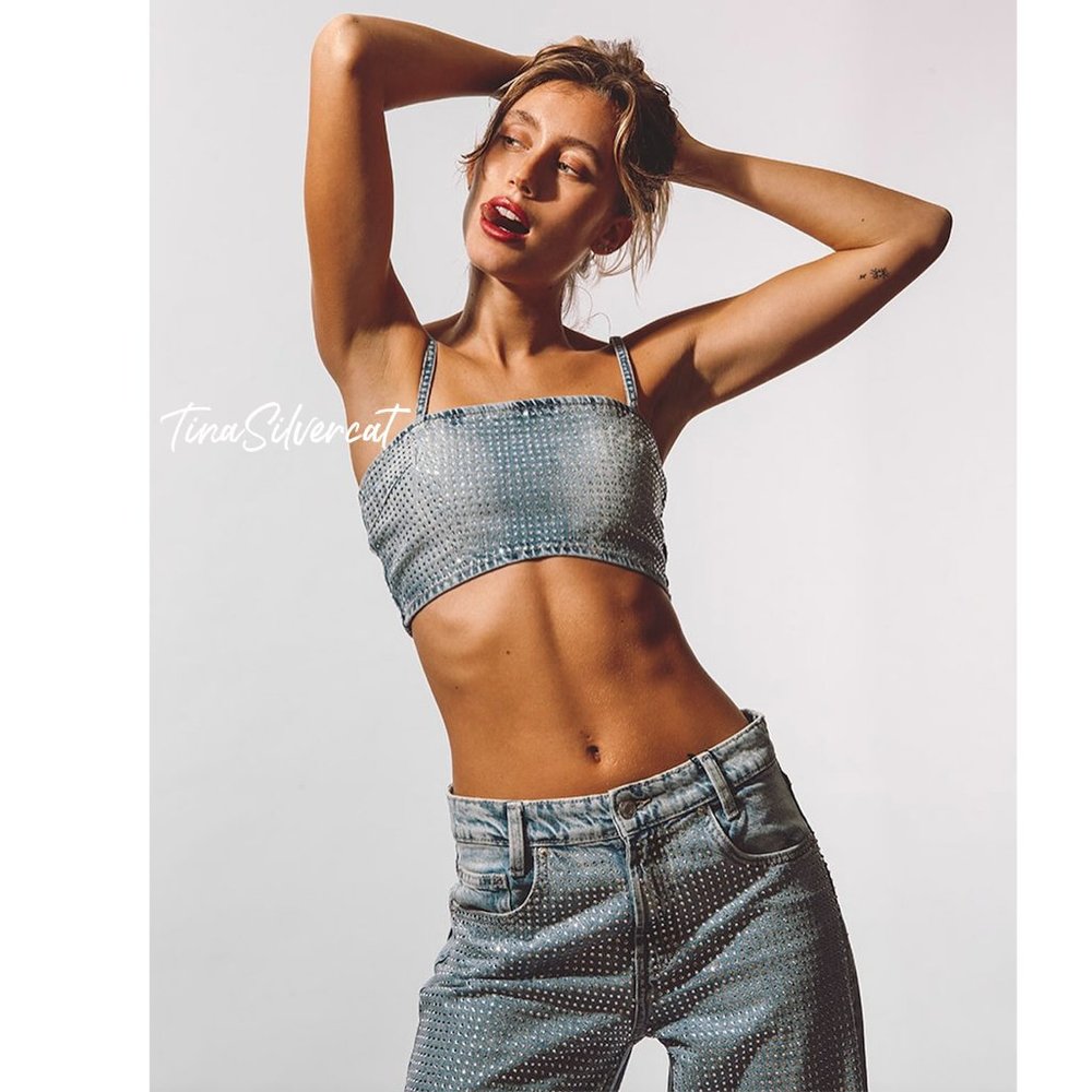 Zara Rhinestone Denim Crop Top Blue NWT